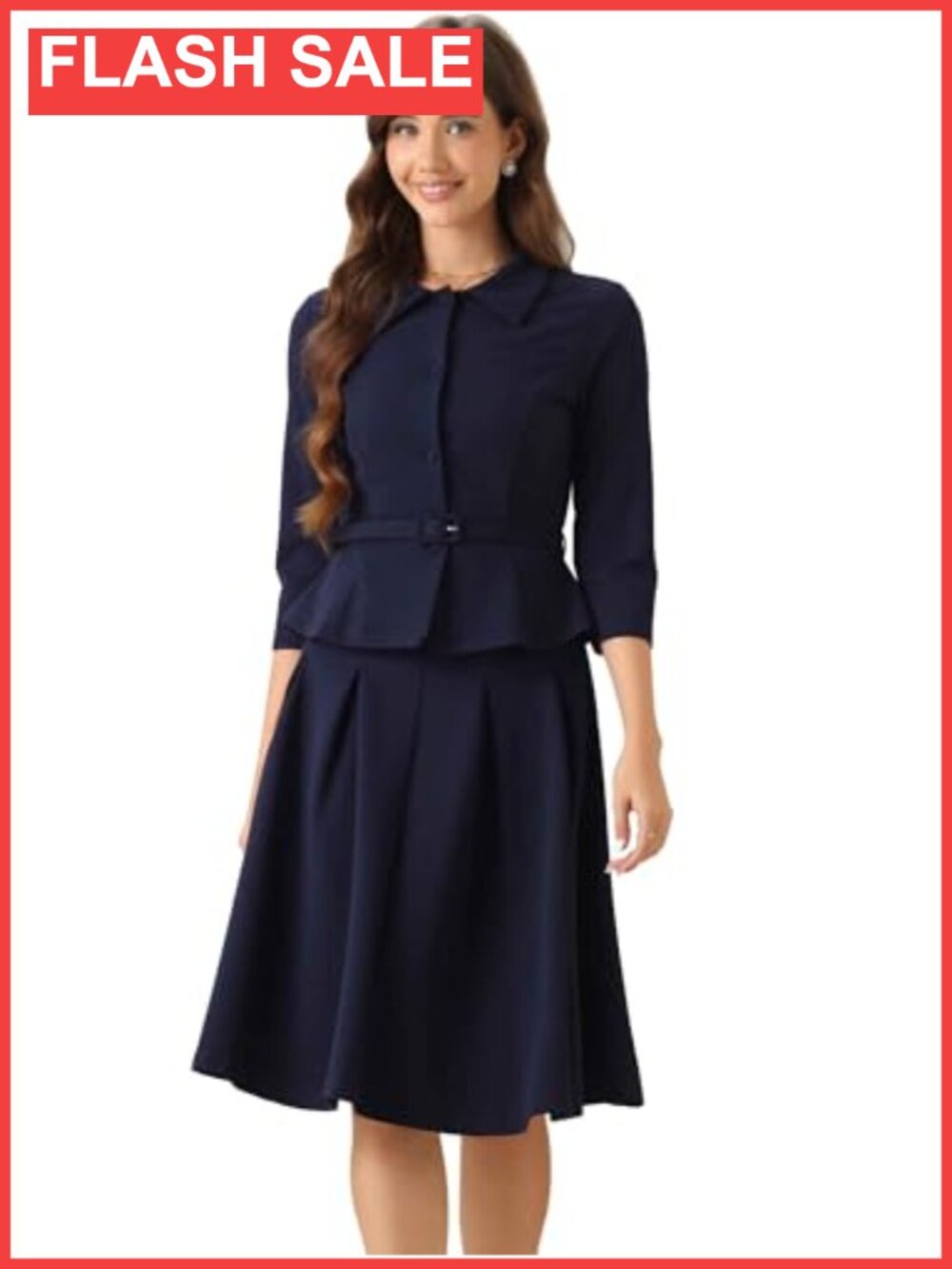 Business Skirt Suit Set 3/4 Sleeve Blazer Pleated Skirt Women's 2 Piece